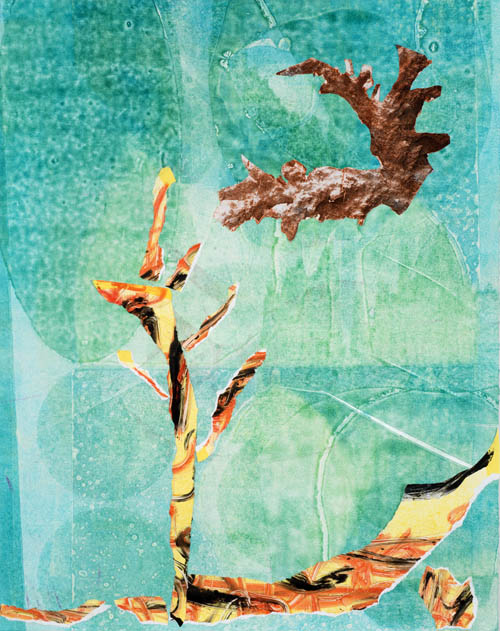 Amy Ernst - Coral Colored Bird - 2017 monoprint and collage